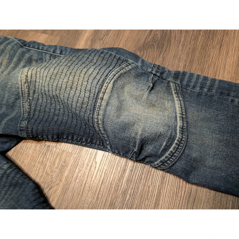 True Religion Moto Section Slim Biker Jeans Blue Denim Ribbed Knee Mens 34